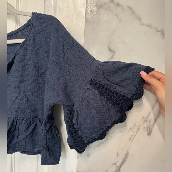 Free People Gauze Sweet Talker Top Women's Boho Peasant Blouse Navy Size Small - Picture 7 of 14